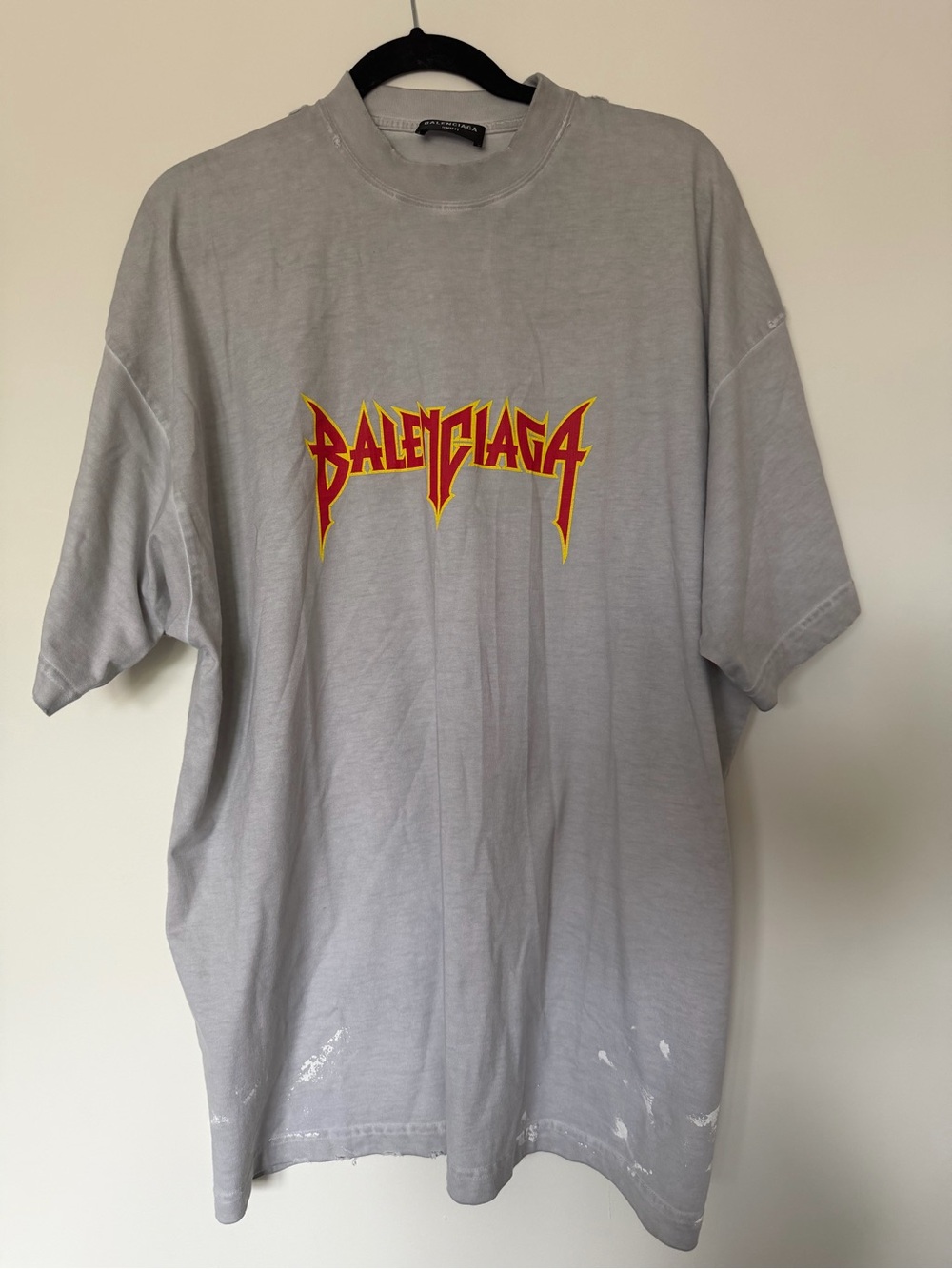Balenciaga Light Gray Short-Sleeve T-Shirt with Red & Yellow Logo